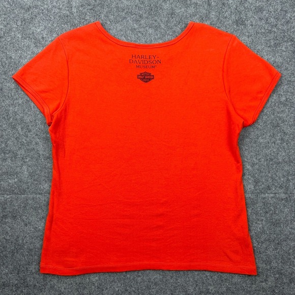 Harley Davidson Shirt Women Medium Orange Short Sleeve Motorcycle Museum Tee Y2K - Picture 7 of 12
